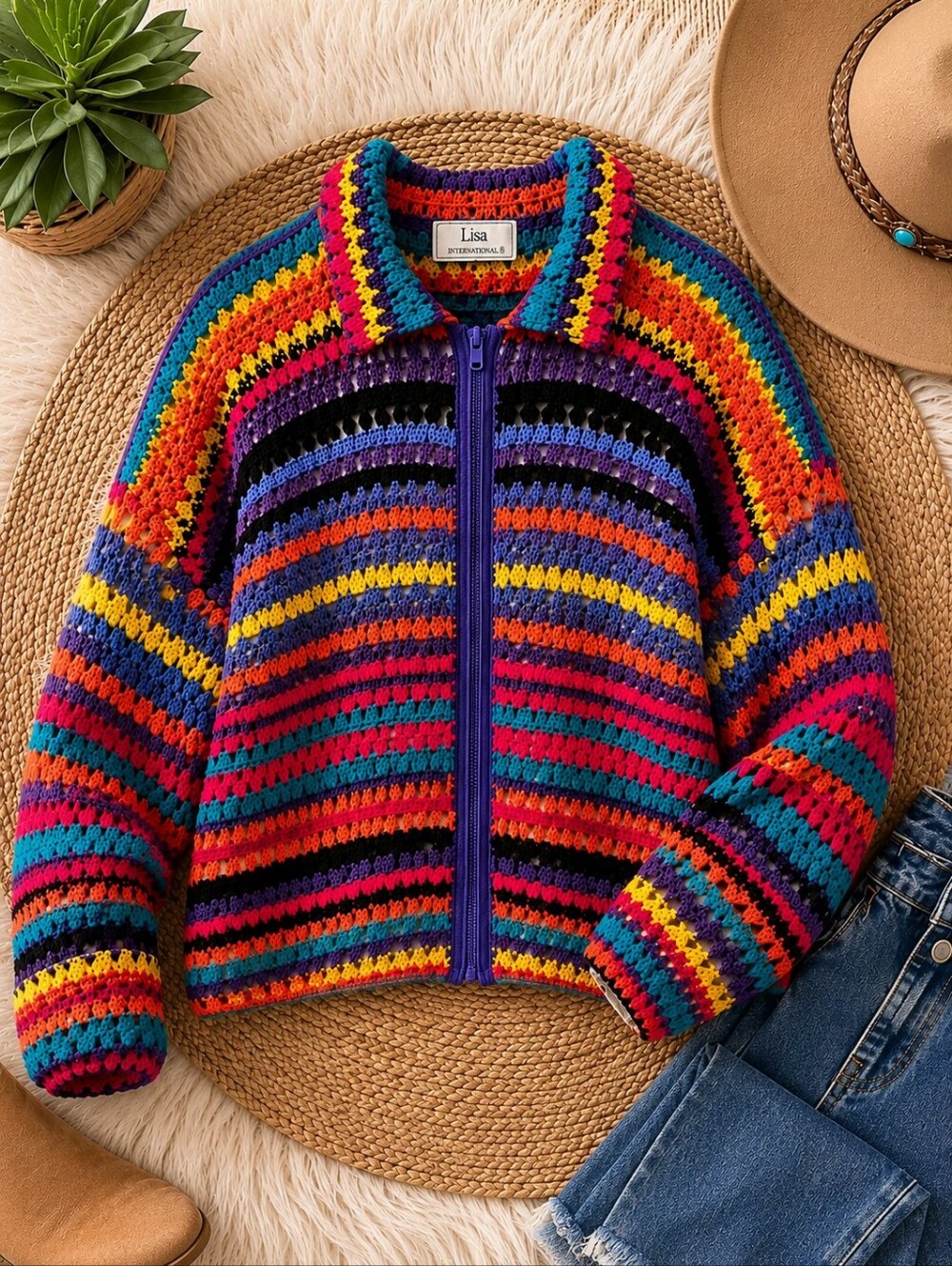 Lisa International Rainbow Crochet Zip Cardigan L/XL Boho